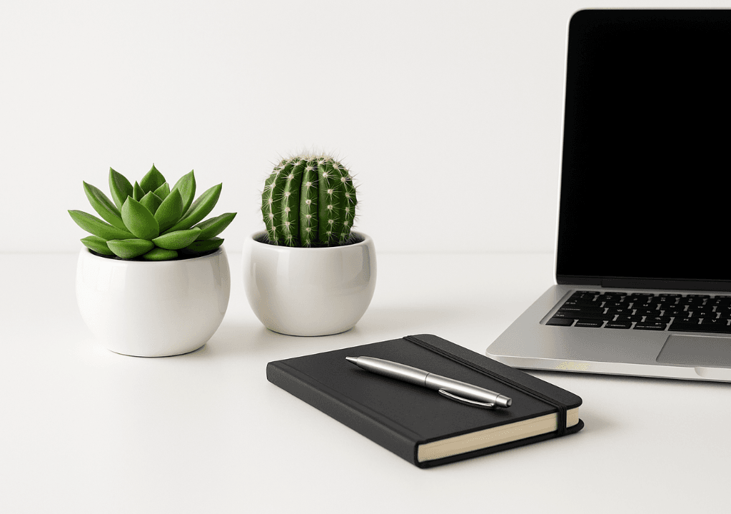 Bàn làm việc văn phòng trang trí sen đá và xương rồng mini