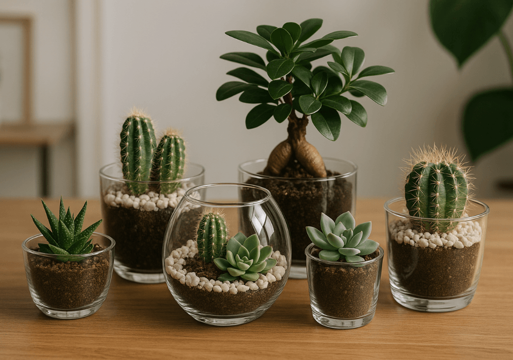 Bộ sưu tập chậu cây thủy tinh mini 2025 – sen đá, xương rồng, terrarium và bonsai trang trí nhà, văn phòng, quán café