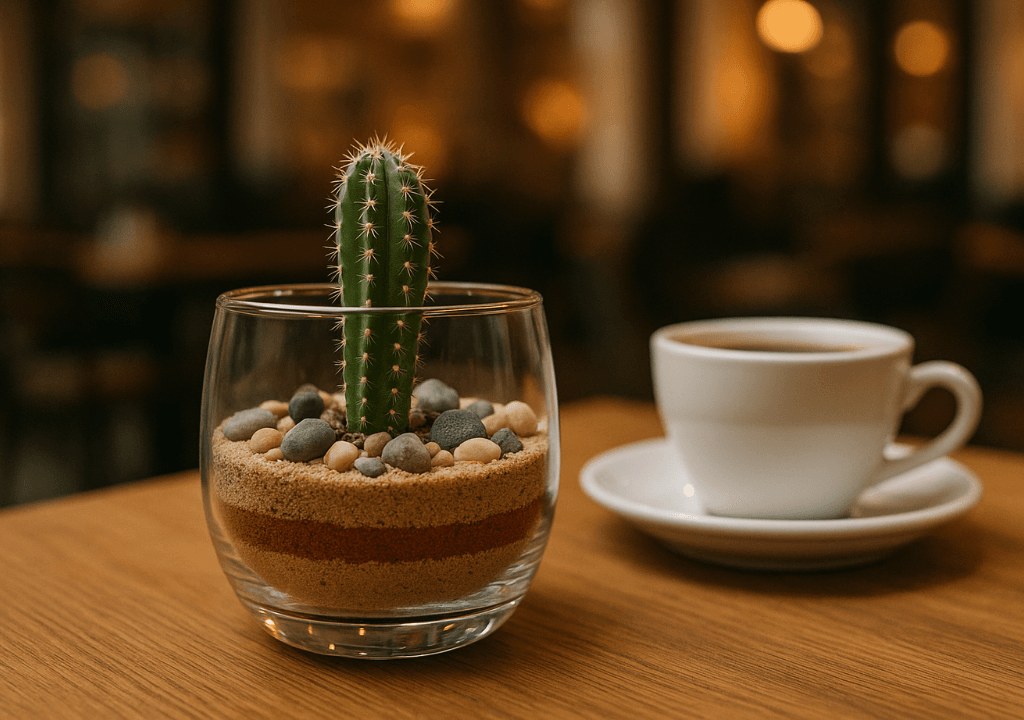 Chậu xương rồng thủy tinh mini trang trí bàn café – cây cảnh mini khỏe mạnh, phong cách hiện đại