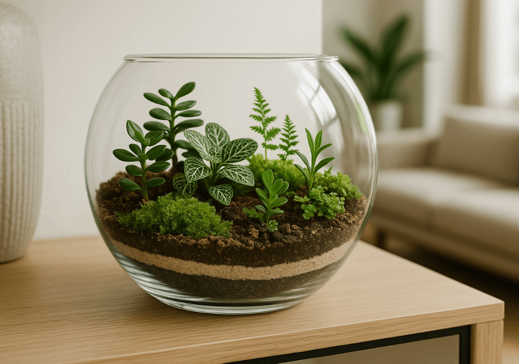 Tiểu cảnh terrarium trong chậu thủy tinh – kết hợp sen đá, rêu và sỏi tạo vườn thu nhỏ độc đáo