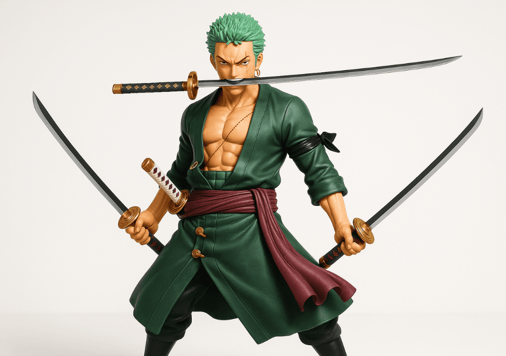 Mô hình Zoro Santoryu với ba thanh kiếm, tư thế chiến đấu mạnh mẽ.