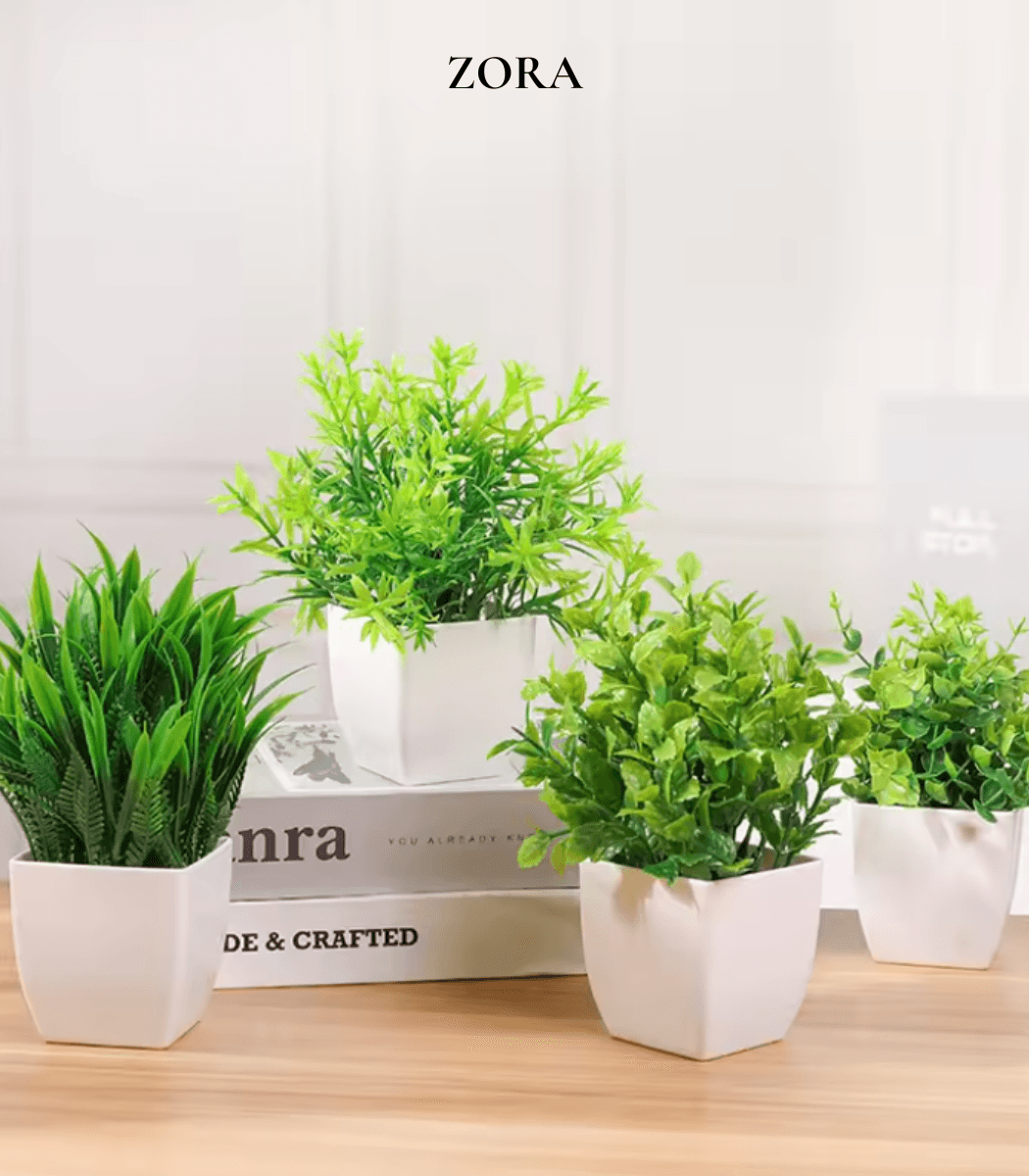 59 Cây Bonsai Giả Mini Eucalyptus 7cm – Chậu Vuông Trắng Trang Trí Bàn Làm Việc & Phòng Ngủ