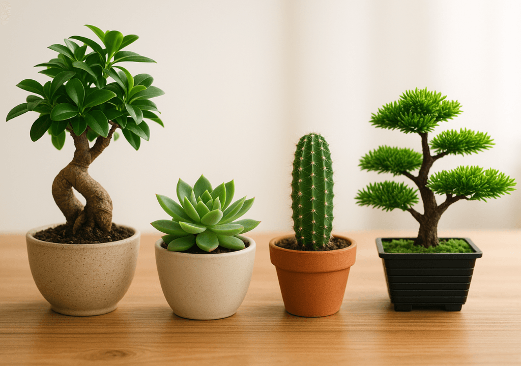 Bộ sưu tập cây cảnh mini bonsai, sen đá, cây giả decor