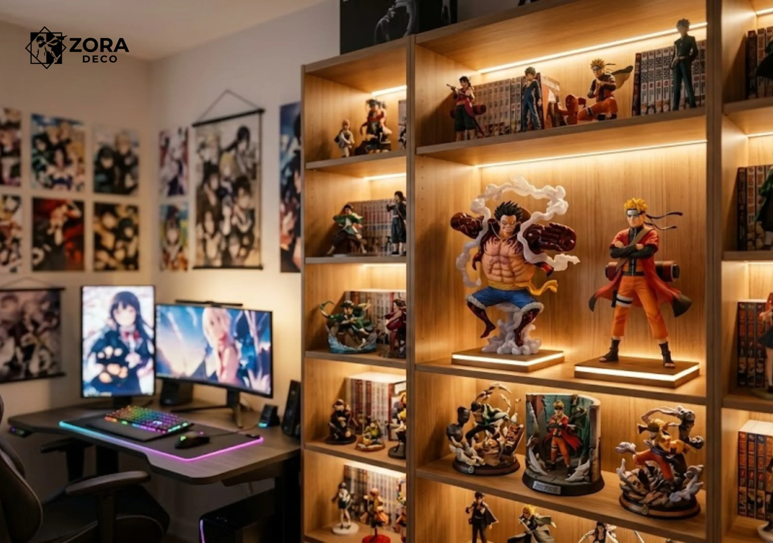 Tổng quan decor phòng anime với mô hình One Piece và mô hình Naruto trên kệ đèn led.