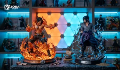 Decor phòng anime kết hợp mô hình One Piece Ace và mô hình Naruto Sasuke.