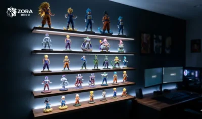 Hệ thống kệ trưng bày mô hình Dragon Ball đa tầng tích hợp đèn LED trắng lạnh kịch tính trong phòng ngủ tối