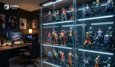 Tủ kính trưng bày bộ sưu tập mô hình One Piece và mô hình Naruto.
