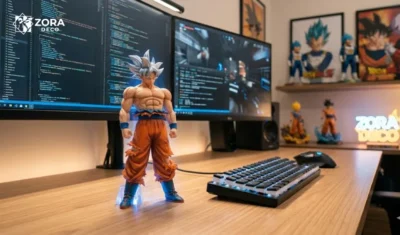 Mô hình Resin Son Goku Ultra Instinct tỉ lệ 1/12 cao cấp đặt trên bàn làm việc gỗ bên cạnh bàn phím cơ và chuột chơi game