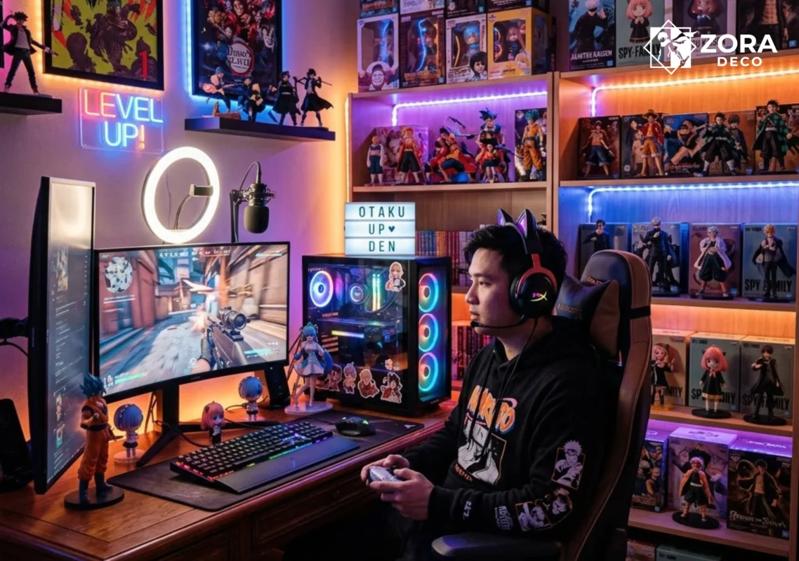Góc gaming chuyên nghiệp trang trí nhiều mô hình anime và siêu anh hùng của Zora Deco.