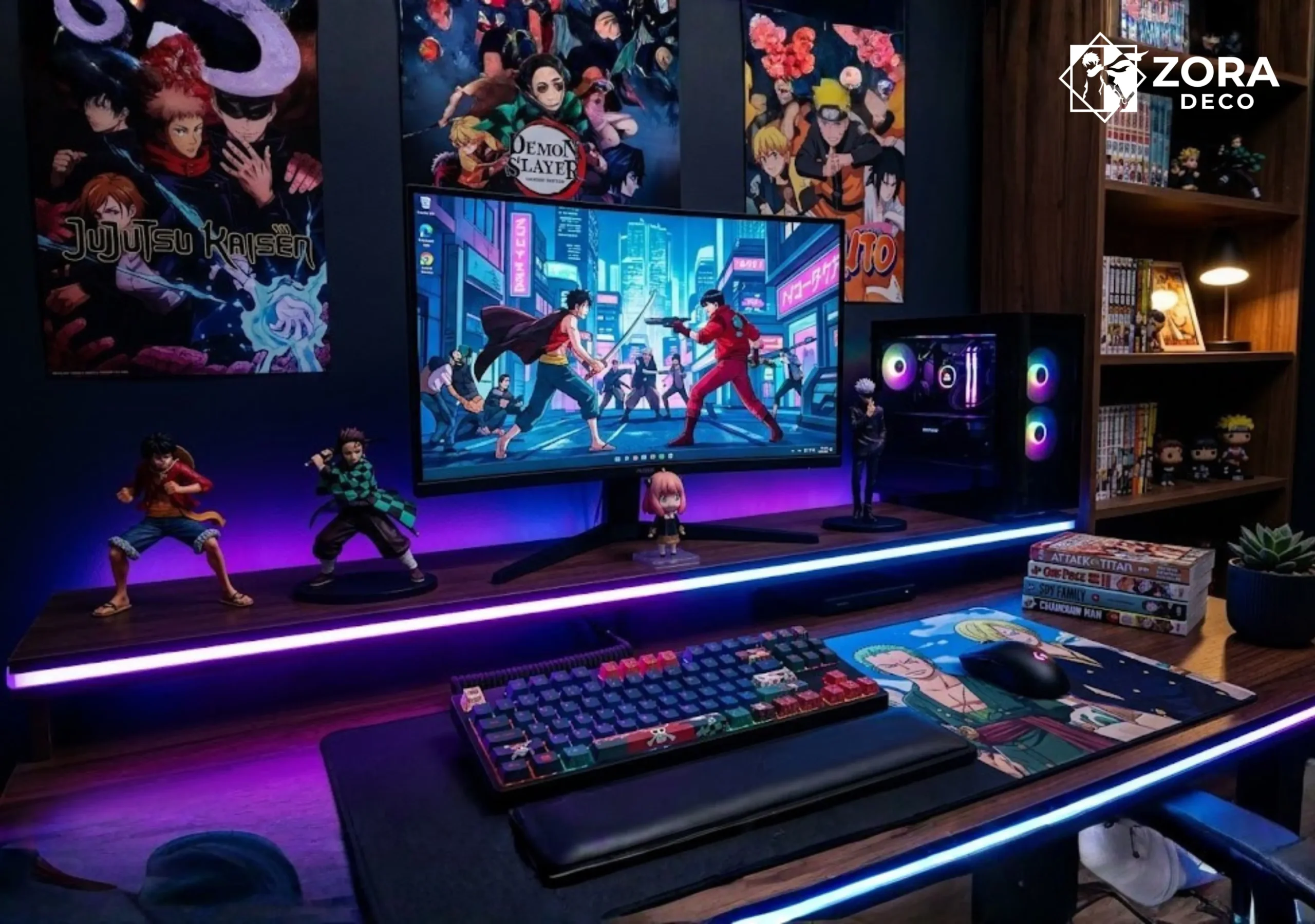 Decor bàn học anime Naruto, Luffy, hệ thống PC RGB Zora Decor.