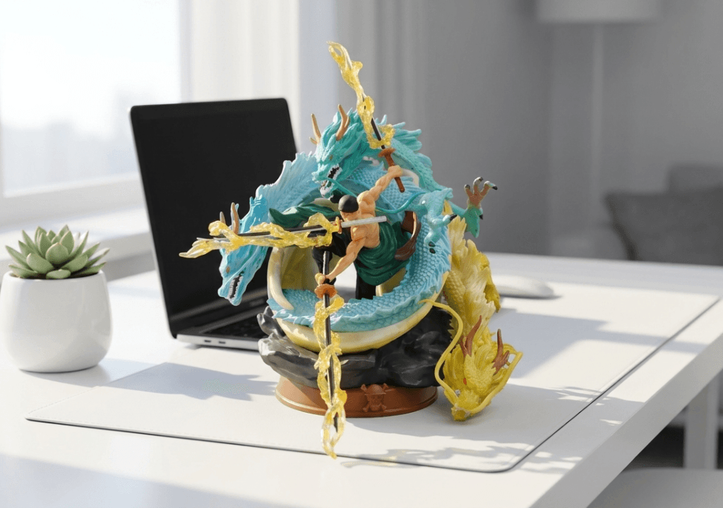 Đồ chơi mô hình là điểm nhấn hoàn hảo cho góc làm việc đầy cảm hứng.